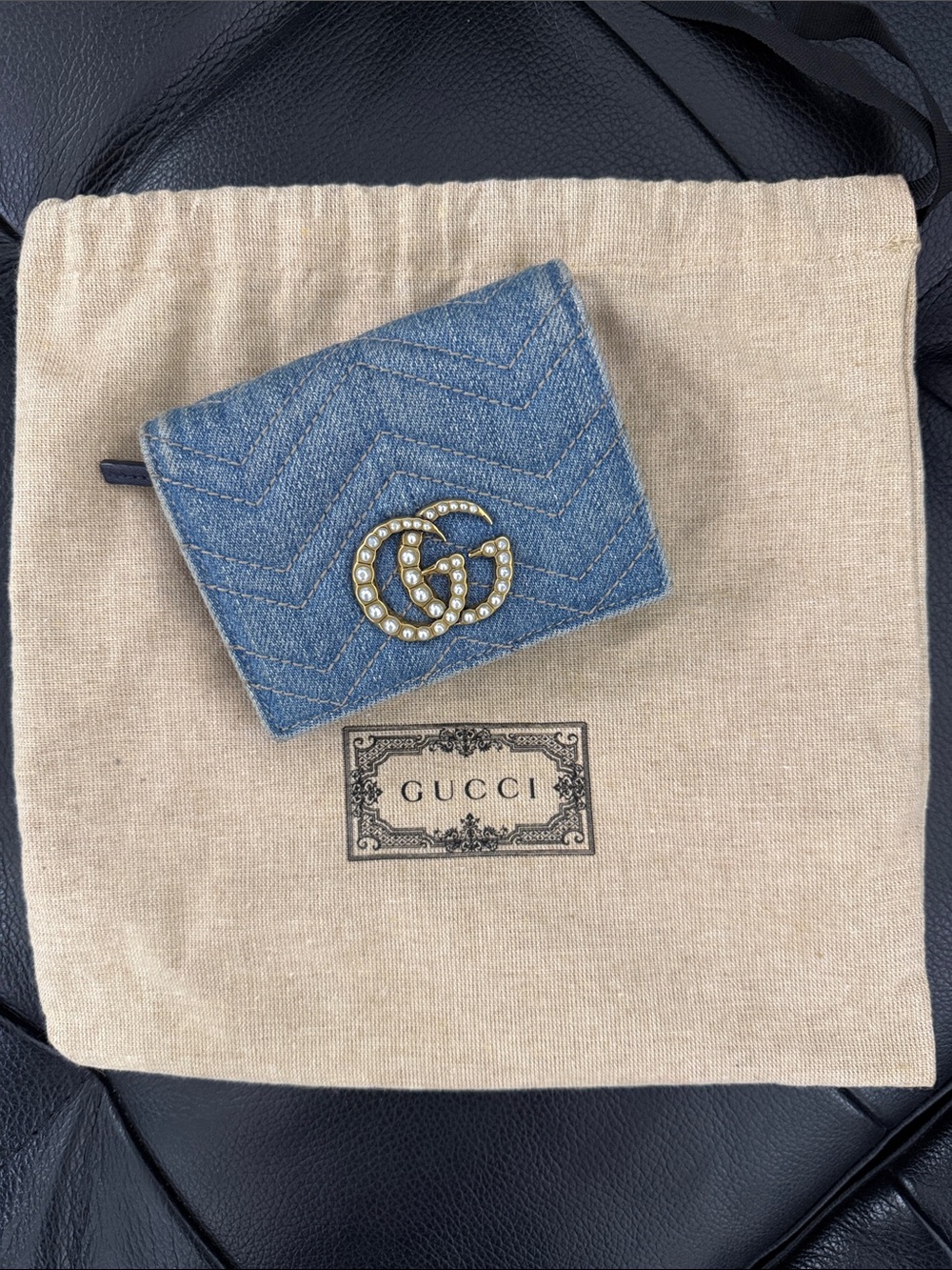 Gucci Denim Blue GG Pearl-Embellished Wallet
